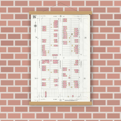 Old map wall art mockup — magnetic wood frame on brick wall — Sanborn Fire Insurance Map from Chicago, Cook County, Illinois (1920), Sheet #0035