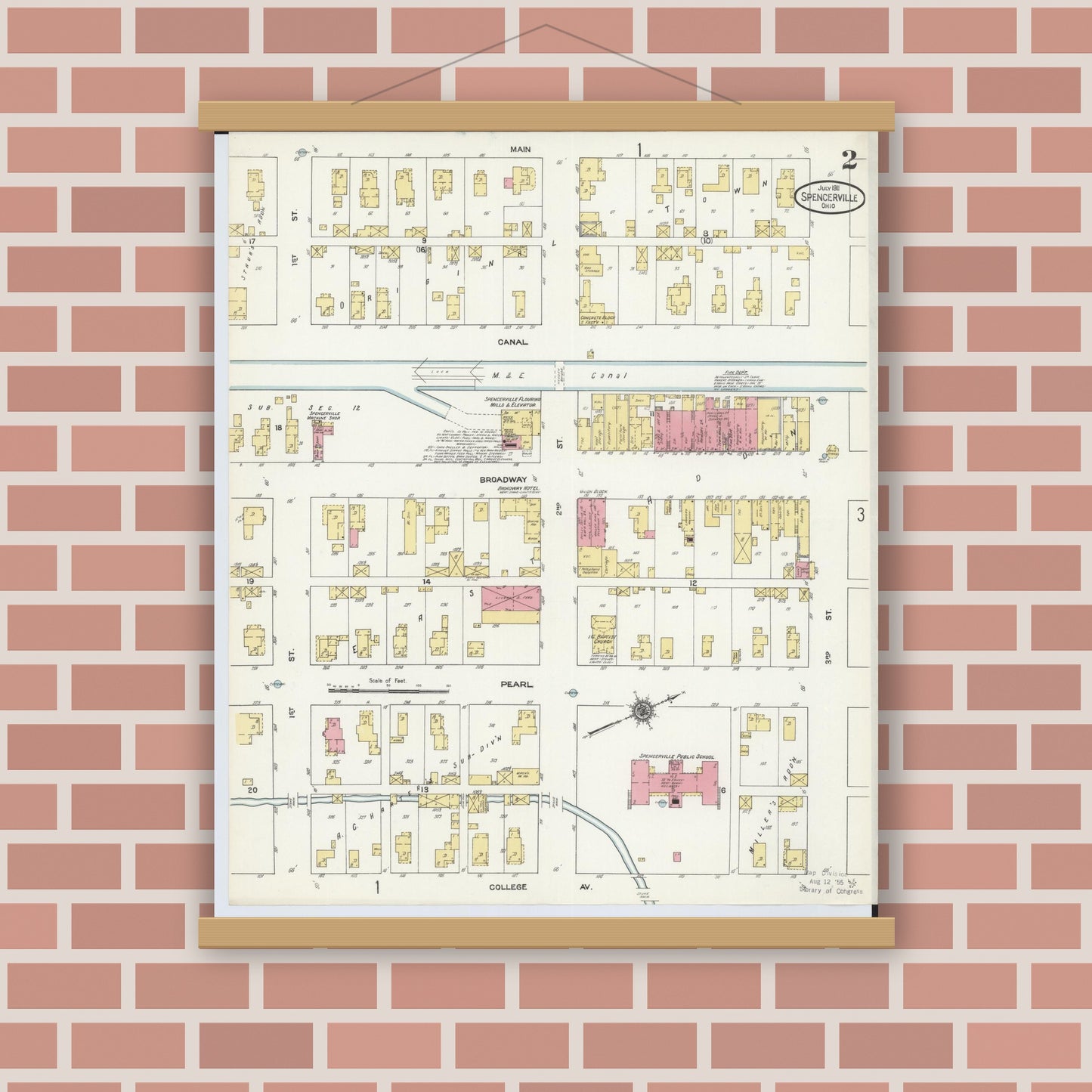 Old map wall art mockup — magnetic wood frame on brick wall — Sanborn Fire Insurance Map from Spencerville, Allen County, Ohio (1911), Sheet #0002