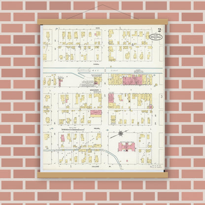 Old map wall art mockup — magnetic wood frame on brick wall — Sanborn Fire Insurance Map from Spencerville, Allen County, Ohio (1911), Sheet #0002