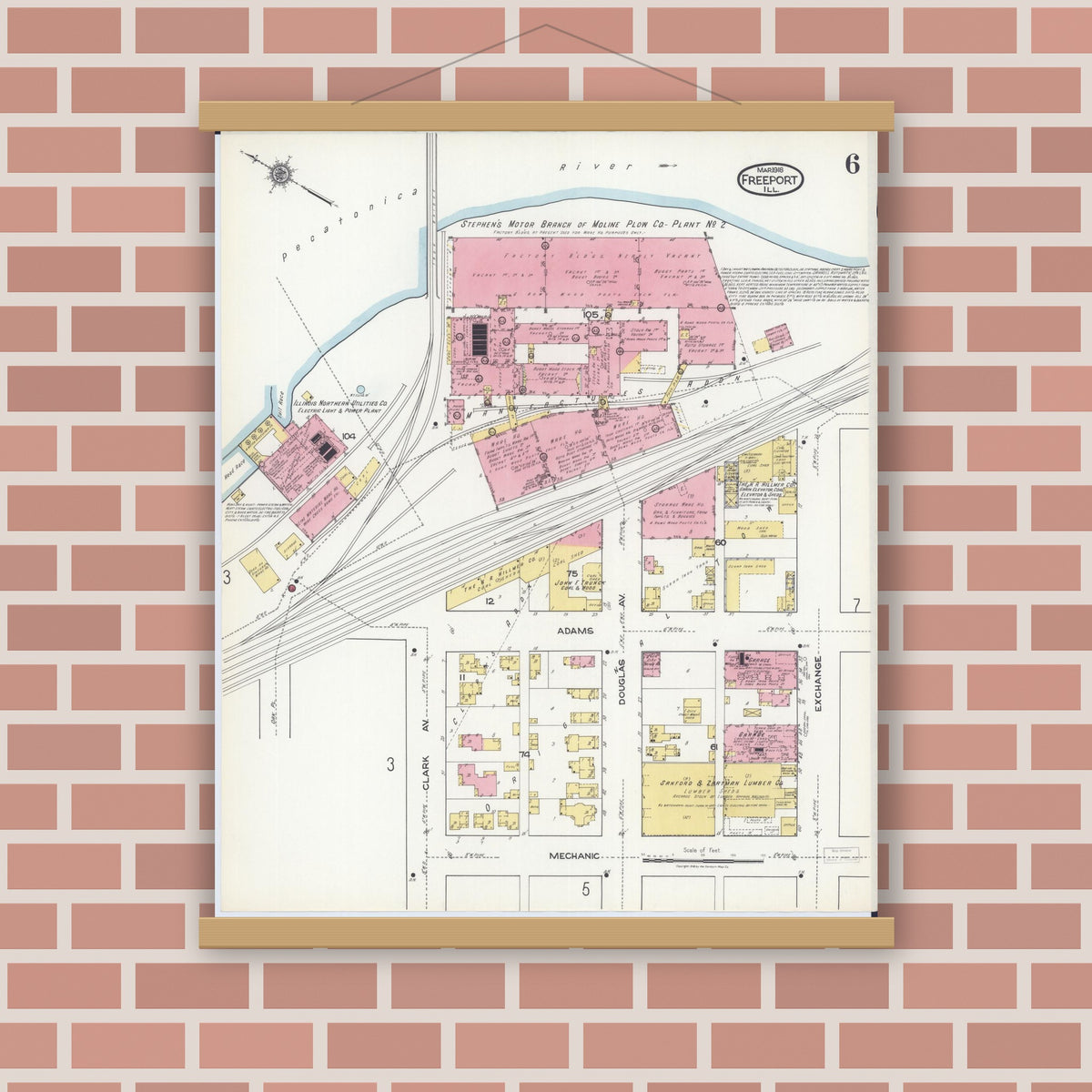 Old map wall art mockup — magnetic wood frame on brick wall — Sanborn Fire Insurance Map from Freeport, Stephenson County, Illinois (1918), Sheet #0006
