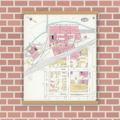 Old map wall art mockup — magnetic wood frame on brick wall — Sanborn Fire Insurance Map from Freeport, Stephenson County, Illinois (1918), Sheet #0006