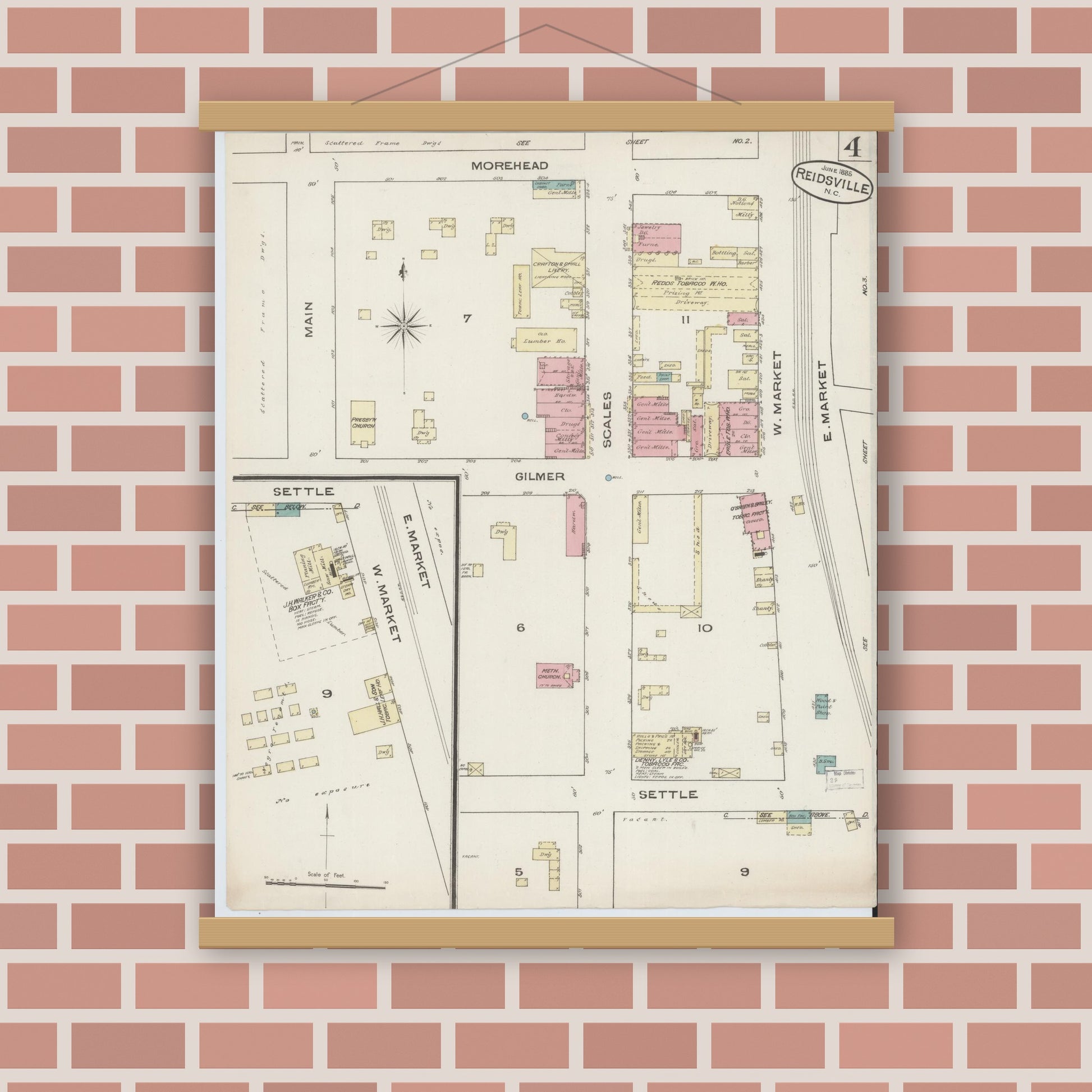 Old map wall art mockup — magnetic wood frame on brick wall — Sanborn Fire Insurance Map from Reidsville, Rockingham County, North Carolina (1885), Sheet #0004