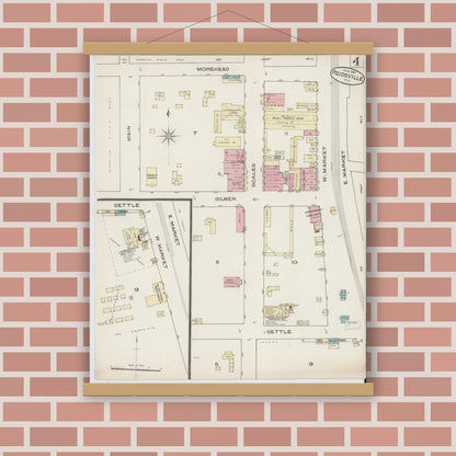 Old map wall art mockup — magnetic wood frame on brick wall — Sanborn Fire Insurance Map from Reidsville, Rockingham County, North Carolina (1885), Sheet #0004
