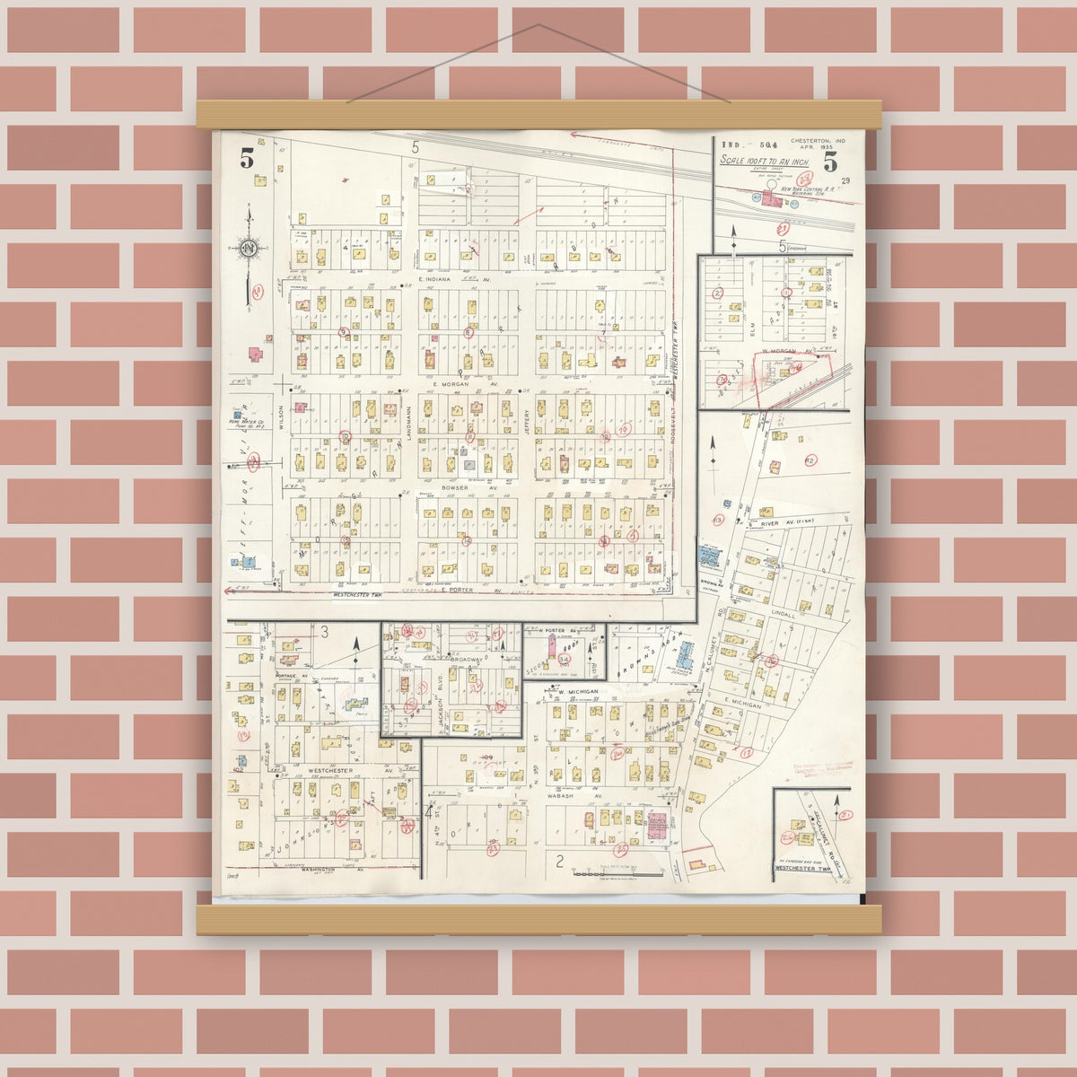 Old map wall art mockup — magnetic wood frame on brick wall — Sanborn Fire Insurance Map from Chesterton, Porter County, Indiana (1951), Sheet #0005
