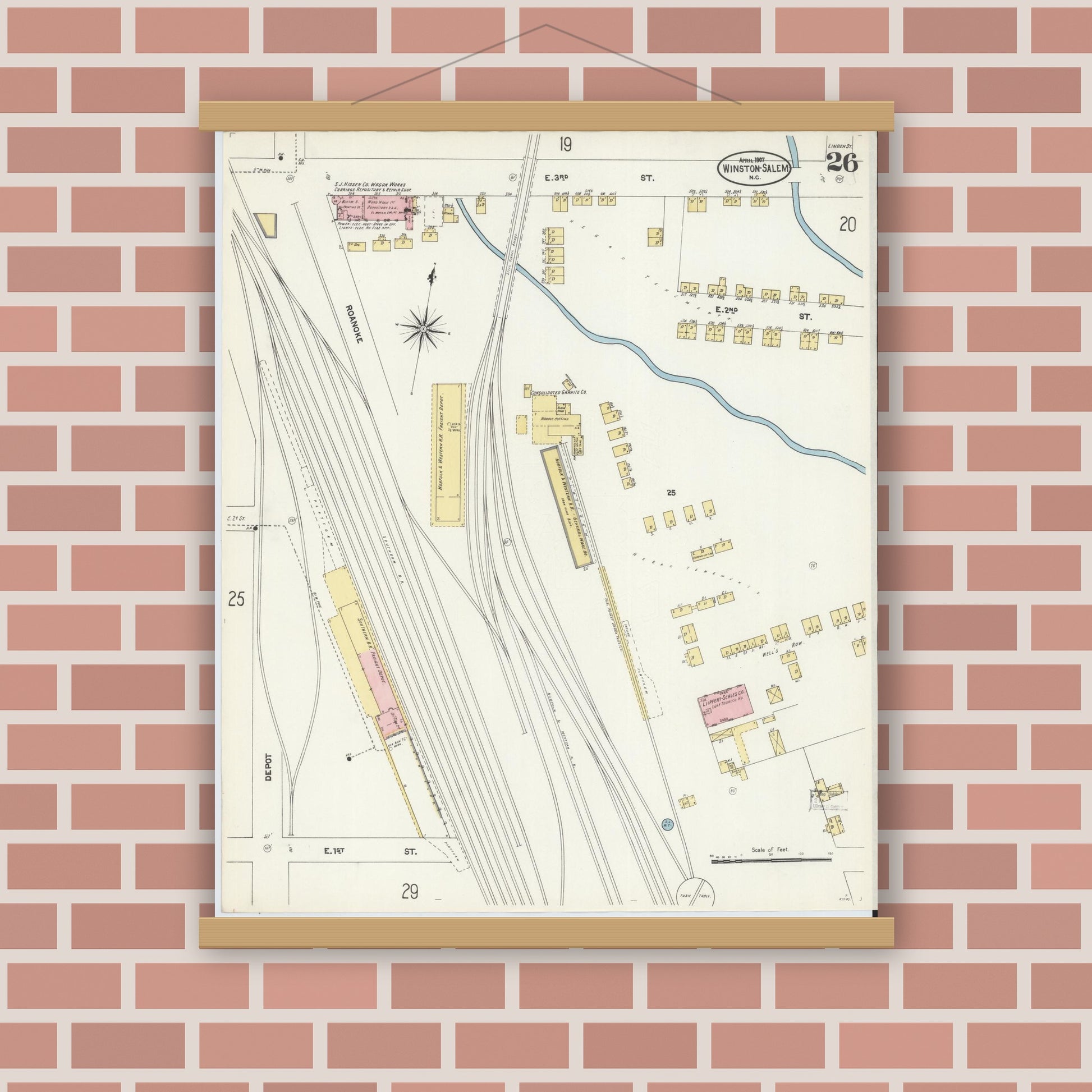 Old map wall art mockup — magnetic wood frame on brick wall — Sanborn Fire Insurance Map from Winston-Salem, Forsyth County, North Carolina (1907), Sheet #0026