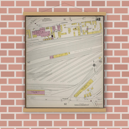 Old map wall art mockup — magnetic wood frame on brick wall — Sanborn Fire Insurance Map from Worcester, Worcester County, Massachusetts (1910), Sheet #0148