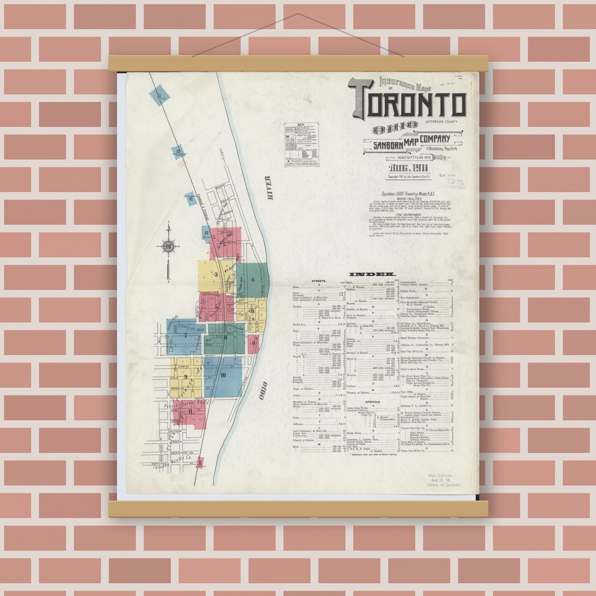 Old map wall art mockup — magnetic wood frame on brick wall — Sanborn Fire Insurance Map from Toronto, Jefferson County, Ohio (1911), Sheet #0001