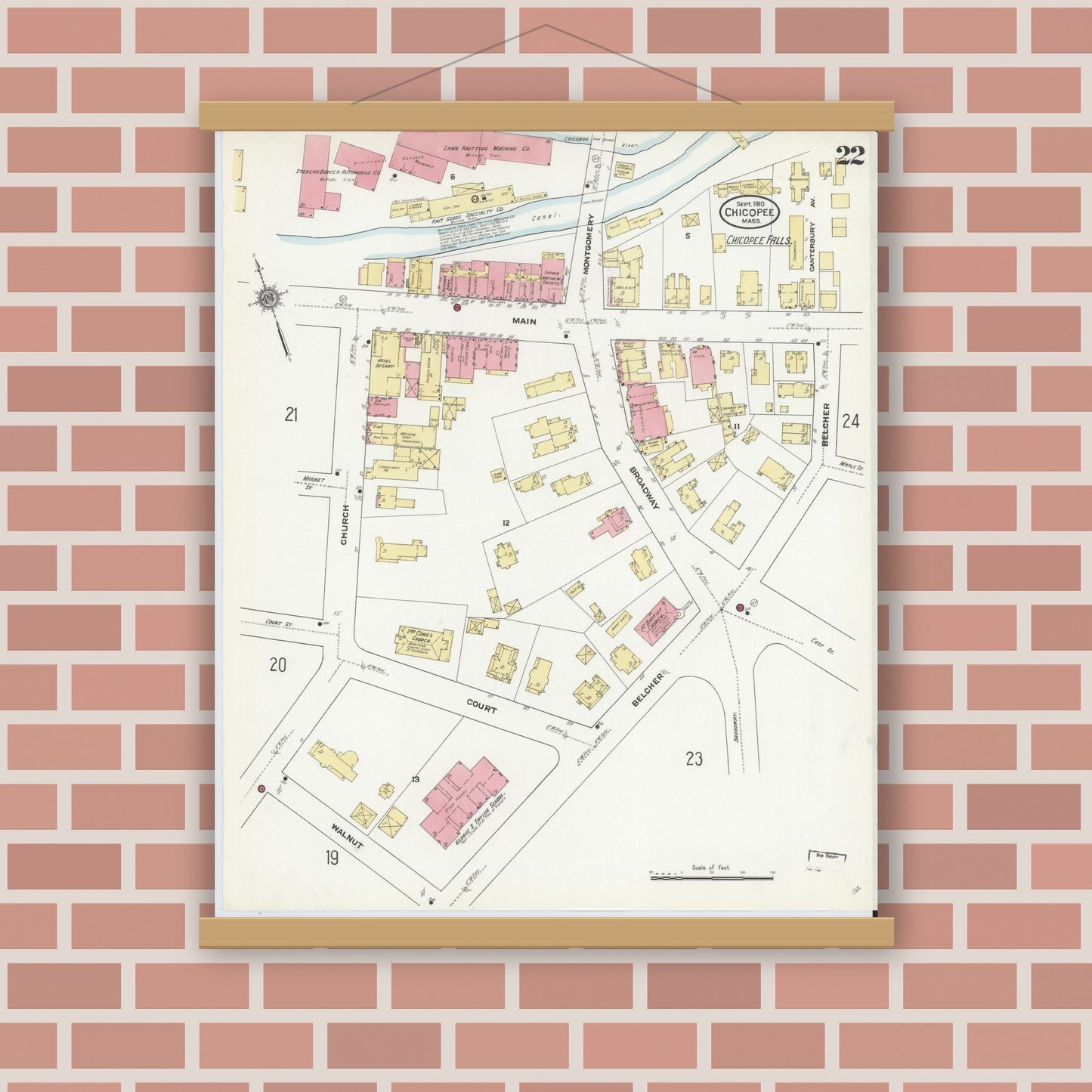 Old map wall art mockup — magnetic wood frame on brick wall — Sanborn Fire Insurance Map from Chicopee, Hampden County, Massachusetts (1910), Sheet #0022