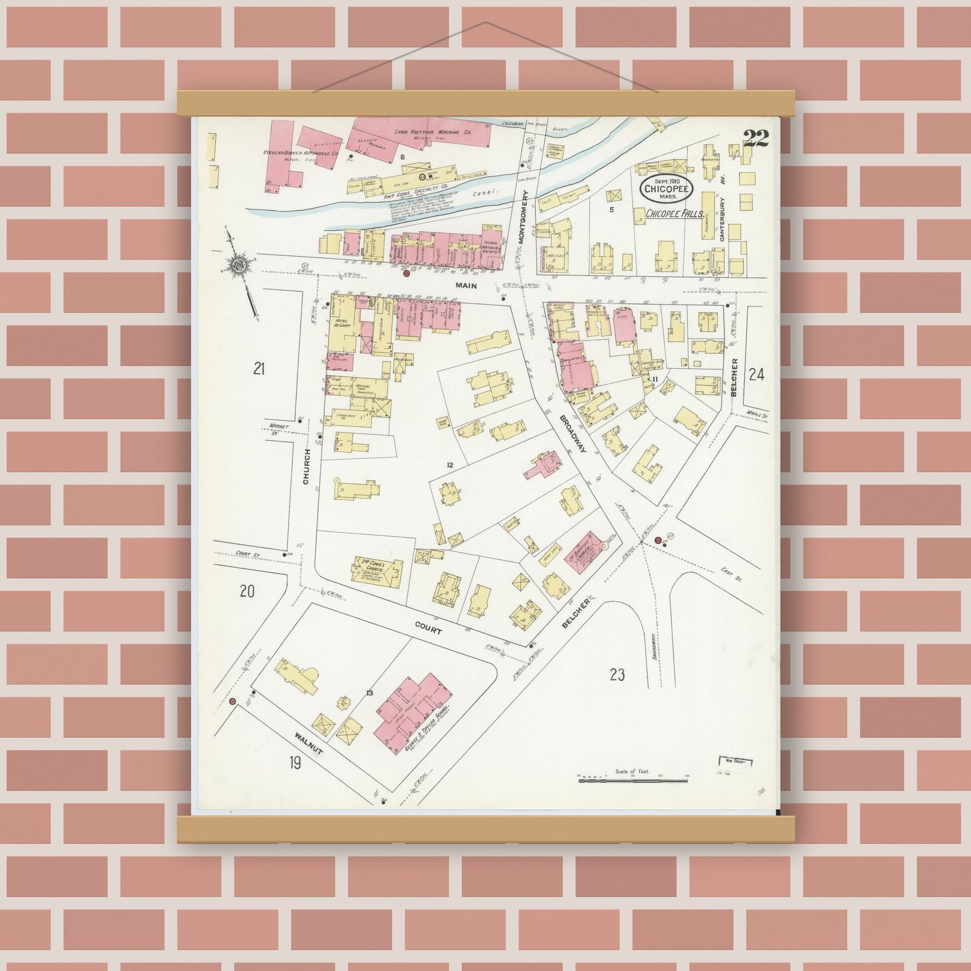Old map wall art mockup — magnetic wood frame on brick wall — Sanborn Fire Insurance Map from Chicopee, Hampden County, Massachusetts (1910), Sheet #0022