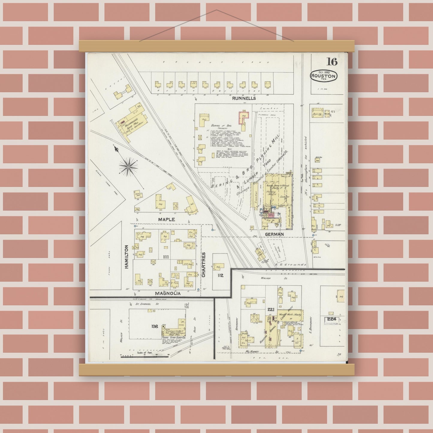 Old map wall art mockup — magnetic wood frame on brick wall — Sanborn Fire Insurance Map from Houston, Harris County, Texas (1890), Sheet #0016