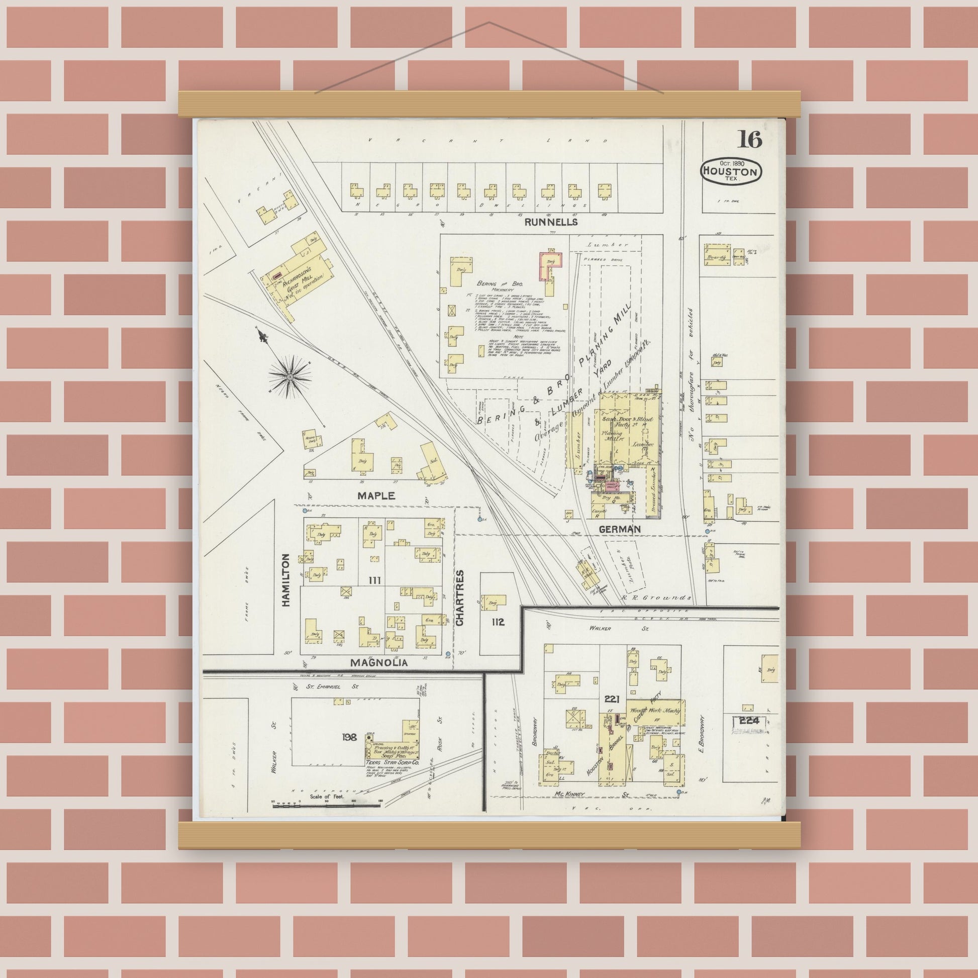 Old map wall art mockup — magnetic wood frame on brick wall — Sanborn Fire Insurance Map from Houston, Harris County, Texas (1890), Sheet #0016