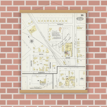 Old map wall art mockup — magnetic wood frame on brick wall — Sanborn Fire Insurance Map from Houston, Harris County, Texas (1890), Sheet #0016