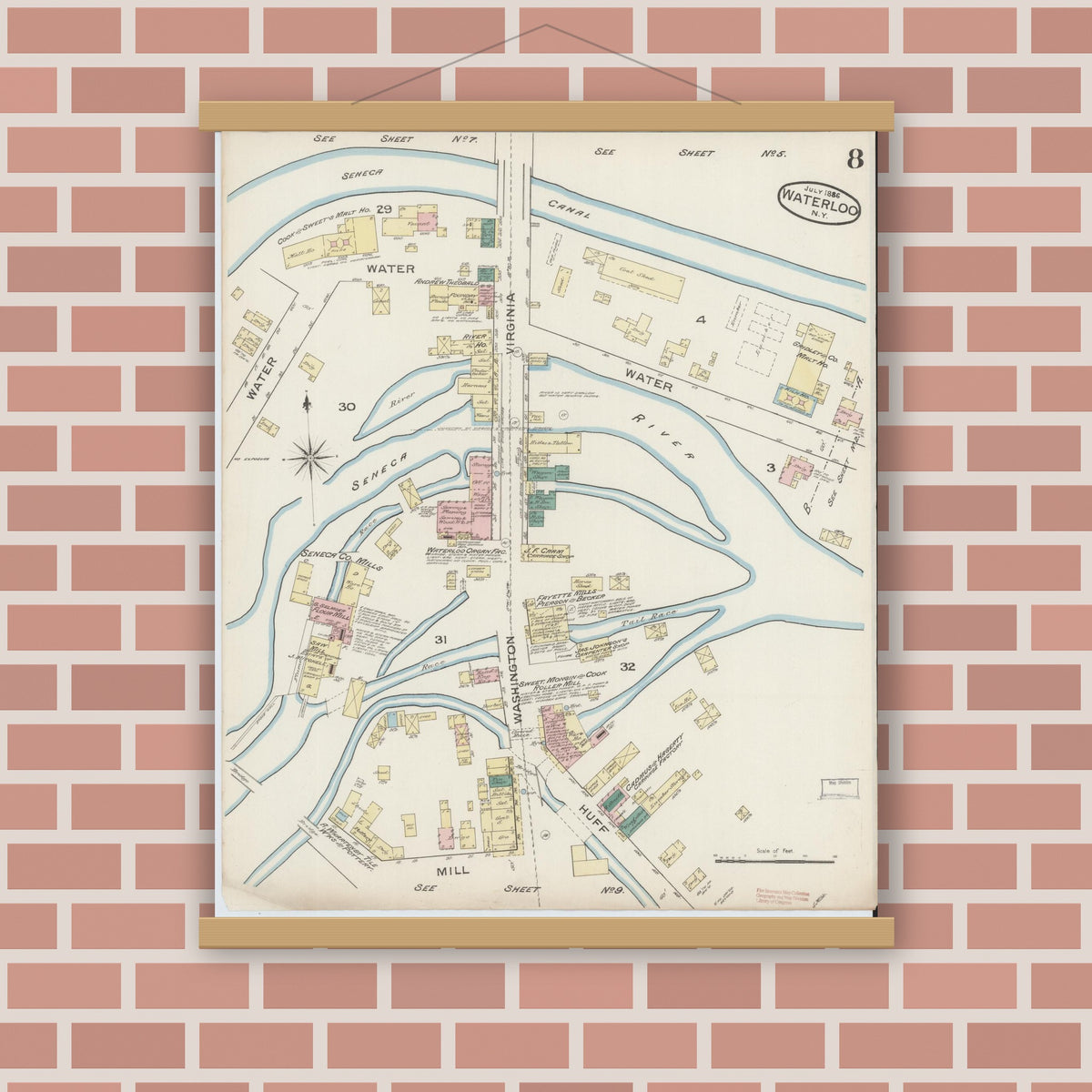 Old map wall art mockup — magnetic wood frame on brick wall — Sanborn Fire Insurance Map from Waterloo, Seneca County, New York (1886), Sheet #0008