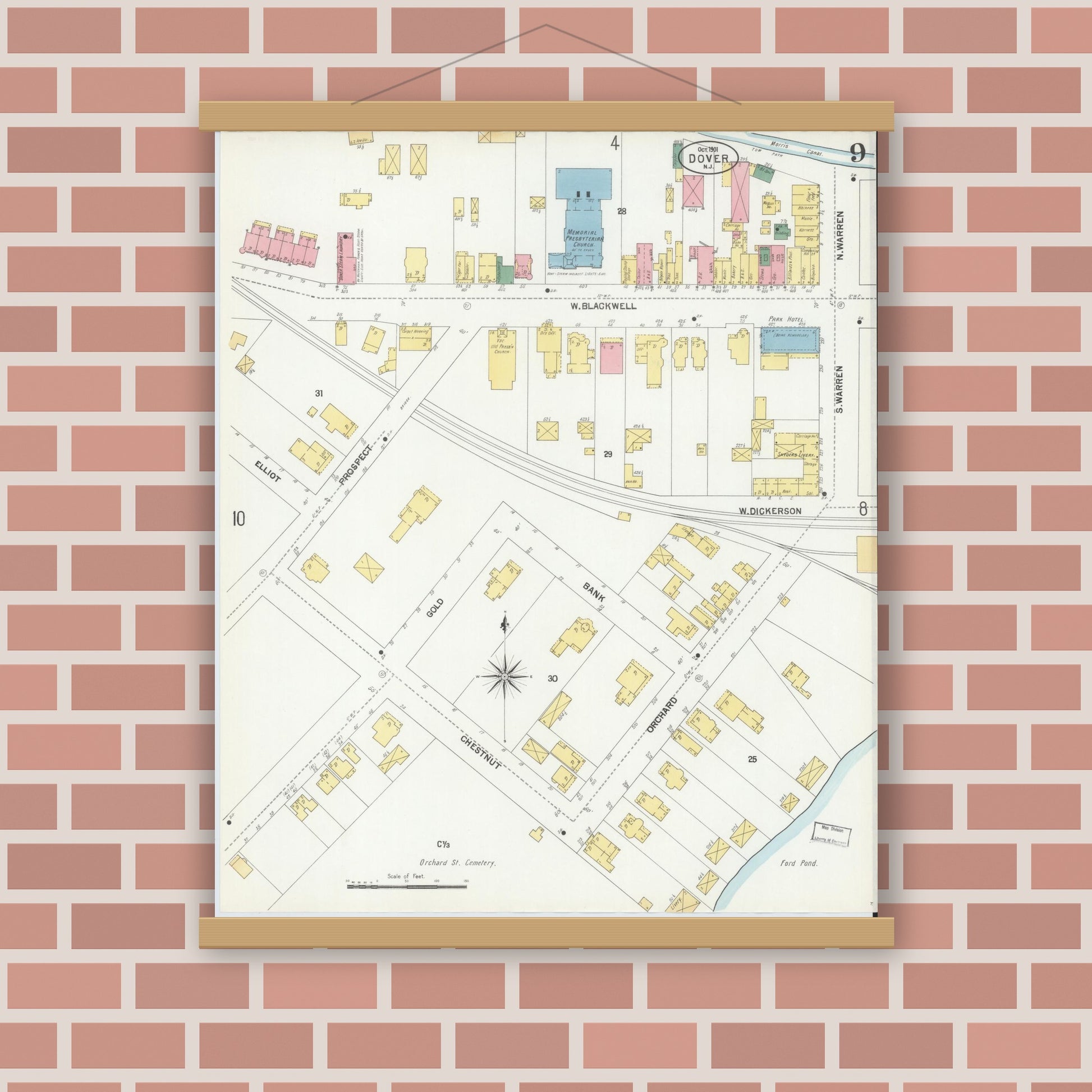 Old map wall art mockup — magnetic wood frame on brick wall — Sanborn Fire Insurance Map from Dover, Morris County, New Jersey (1900), Sheet #0009
