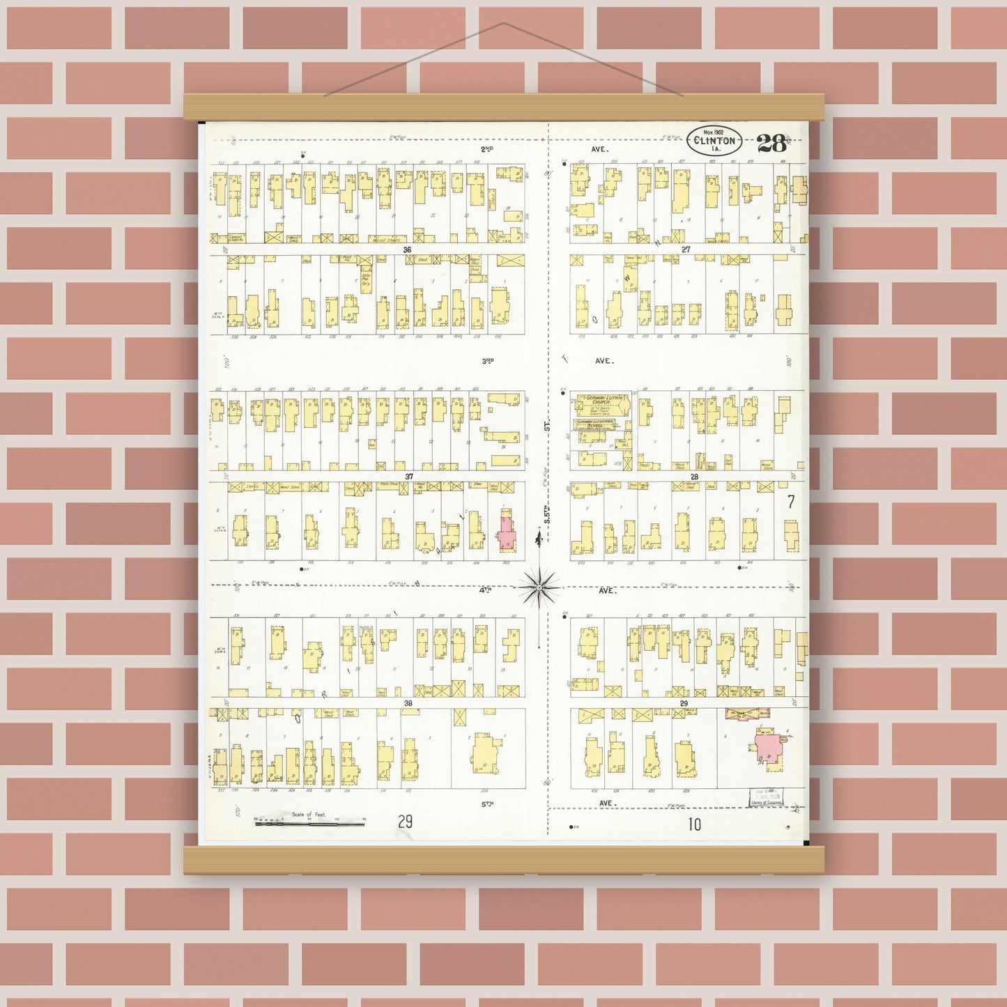 Old map wall art mockup — magnetic wood frame on brick wall — Sanborn Fire Insurance Map from Clinton, Clinton County, Iowa (1902), Sheet #0028