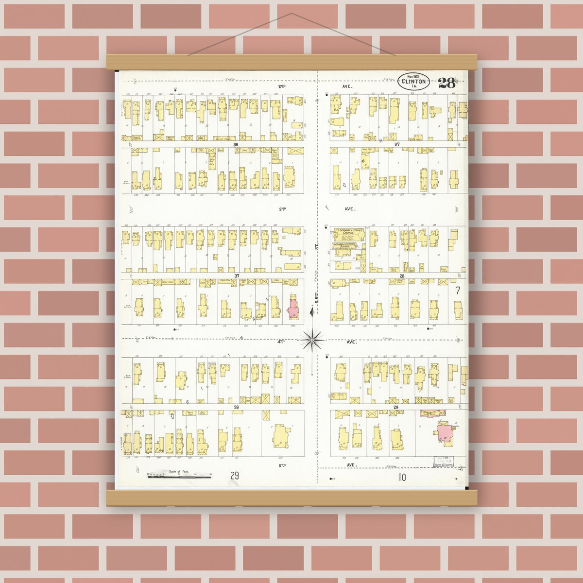 Old map wall art mockup — magnetic wood frame on brick wall — Sanborn Fire Insurance Map from Clinton, Clinton County, Iowa (1902), Sheet #0028