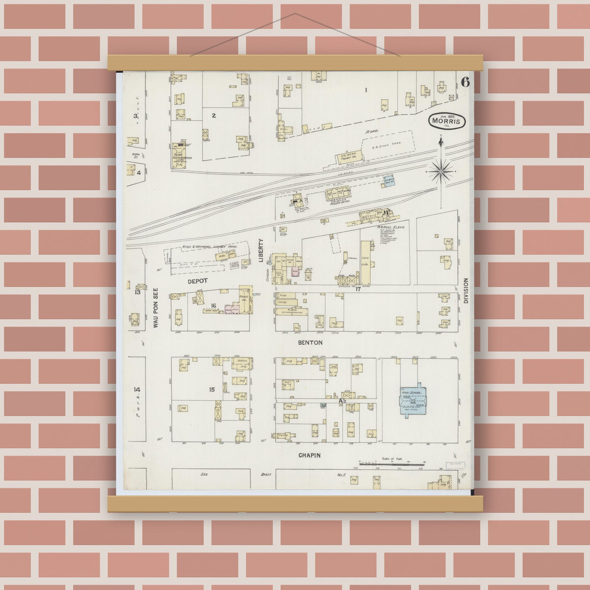 Old map wall art mockup — magnetic wood frame on brick wall — Sanborn Fire Insurance Map from Morris, Grundy County, Illinois (1889), Sheet #0006