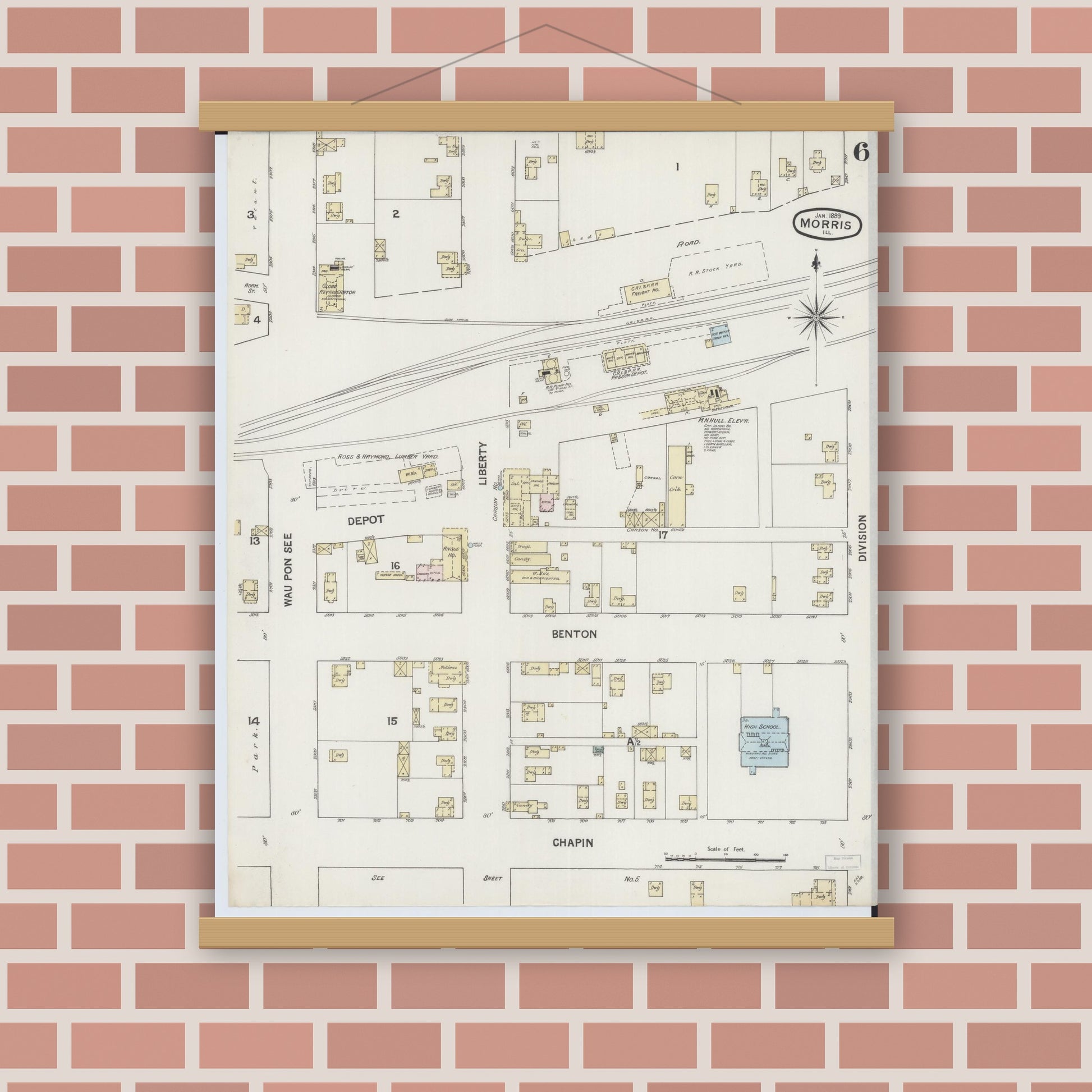Old map wall art mockup — magnetic wood frame on brick wall — Sanborn Fire Insurance Map from Morris, Grundy County, Illinois (1889), Sheet #0006