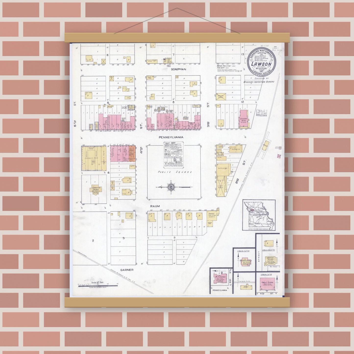 Old map wall art mockup — magnetic wood frame on brick wall — Sanborn Fire Insurance Map from Lawson, Ray County, Missouri (1917), Sheet #0001
