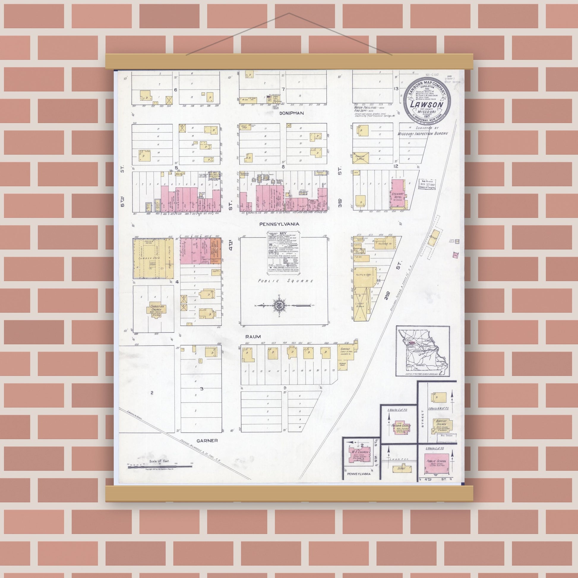 Old map wall art mockup — magnetic wood frame on brick wall — Sanborn Fire Insurance Map from Lawson, Ray County, Missouri (1917), Sheet #0001