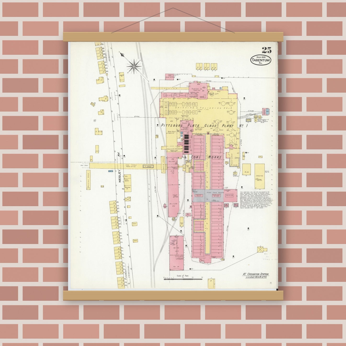 Old map wall art mockup — magnetic wood frame on brick wall — Sanborn Fire Insurance Map from Tarentum, Allegheny County, Pennsylvania (1909), Sheet #0025