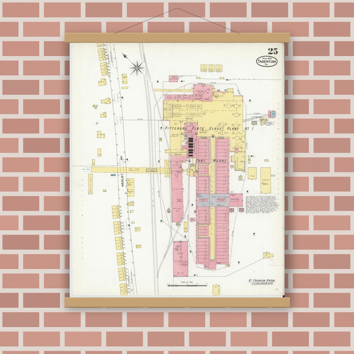 Old map wall art mockup — magnetic wood frame on brick wall — Sanborn Fire Insurance Map from Tarentum, Allegheny County, Pennsylvania (1909), Sheet #0025