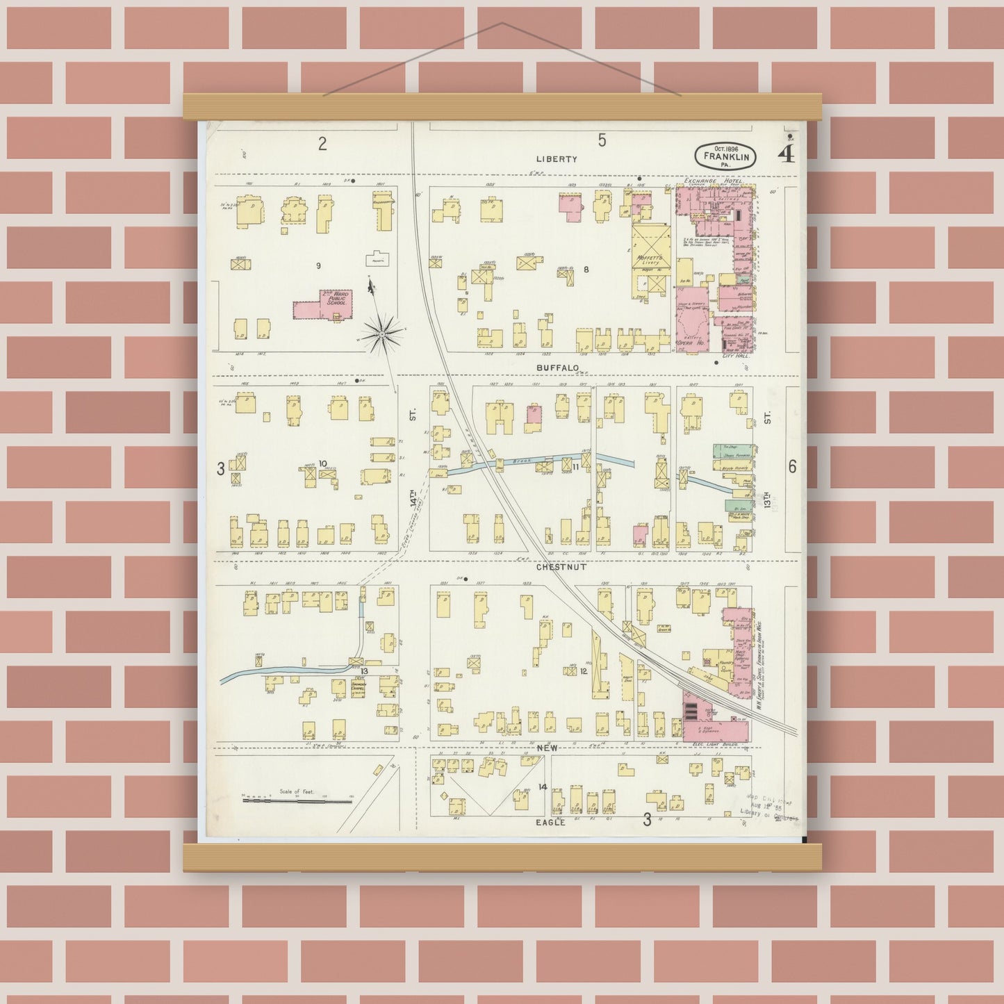 Old map wall art mockup — magnetic wood frame on brick wall — Sanborn Fire Insurance Map from Franklin, Venango County, Pennsylvania (1896), Sheet #0004