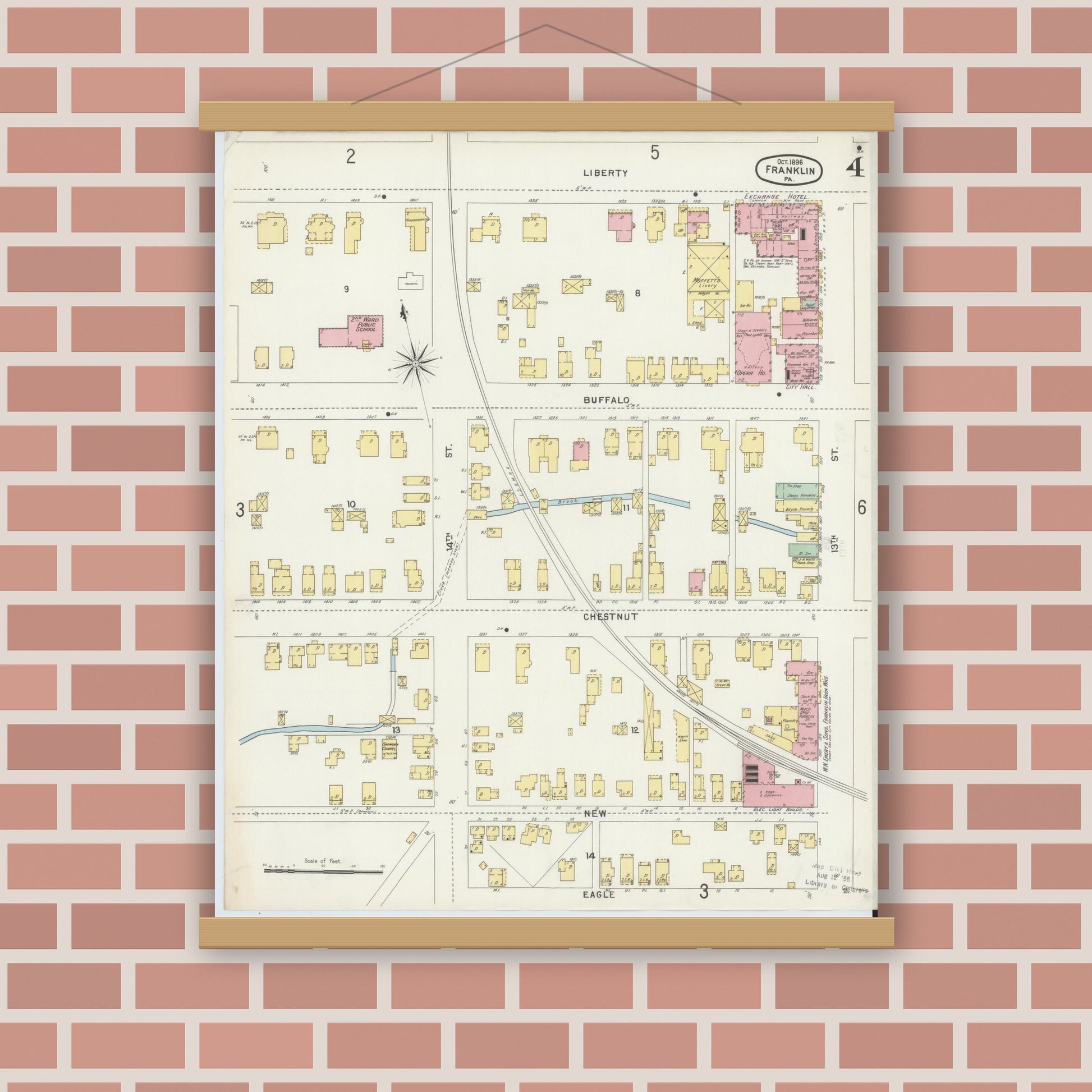 Old map wall art mockup — magnetic wood frame on brick wall — Sanborn Fire Insurance Map from Franklin, Venango County, Pennsylvania (1896), Sheet #0004