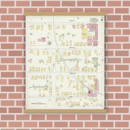 Old map wall art mockup — magnetic wood frame on brick wall — Sanborn Fire Insurance Map from Franklin, Venango County, Pennsylvania (1896), Sheet #0004
