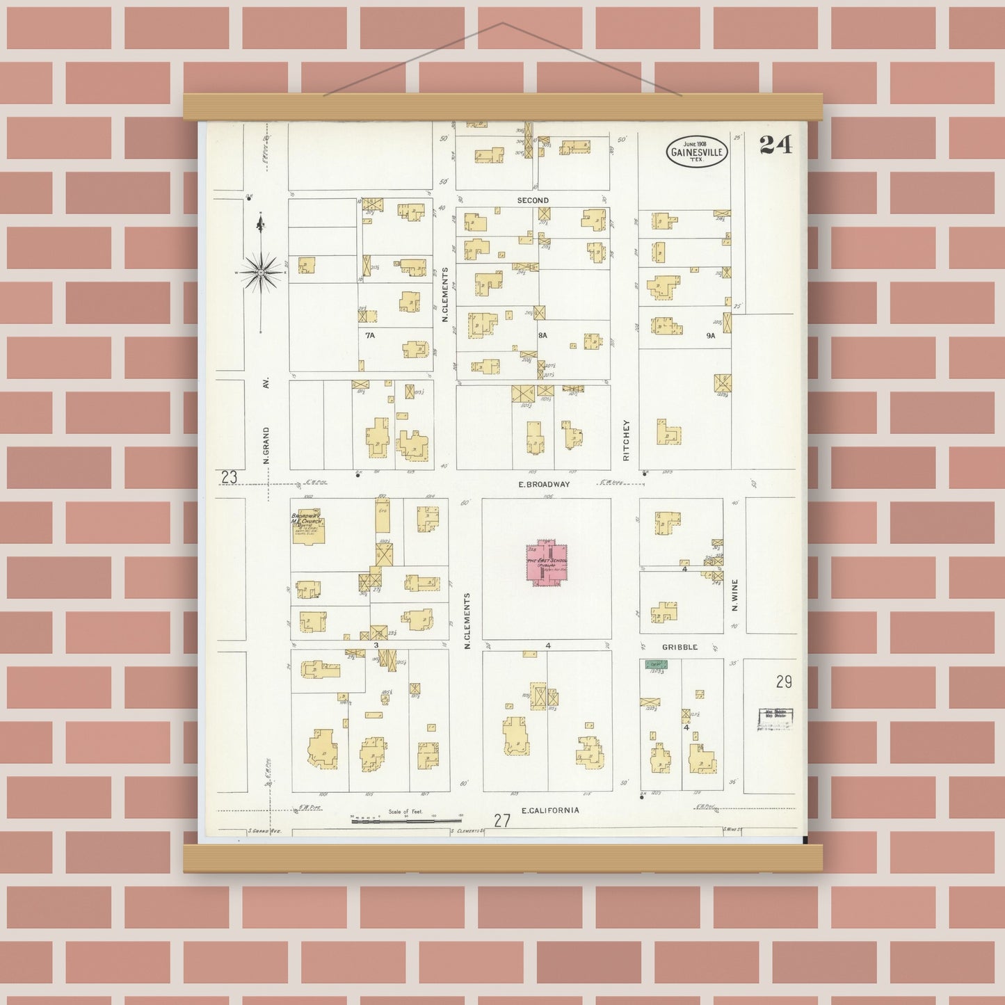 Old map wall art mockup — magnetic wood frame on brick wall — Sanborn Fire Insurance Map from Gainesville, Cooke County, Texas (1908), Sheet #0024
