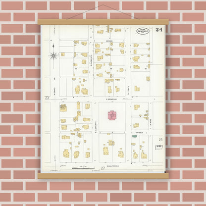 Old map wall art mockup — magnetic wood frame on brick wall — Sanborn Fire Insurance Map from Gainesville, Cooke County, Texas (1908), Sheet #0024