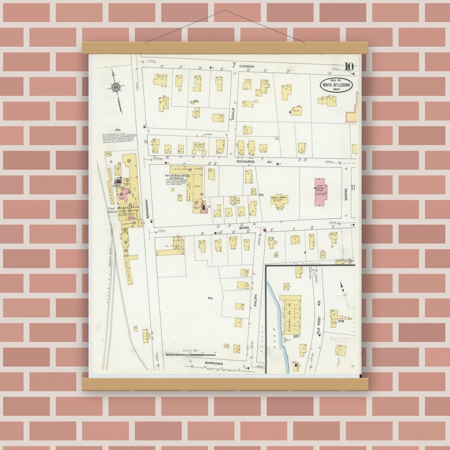 Old map wall art mockup — magnetic wood frame on brick wall — Sanborn Fire Insurance Map from North Attleborough, Bristol County, Massachusetts (1911), Sheet #0010