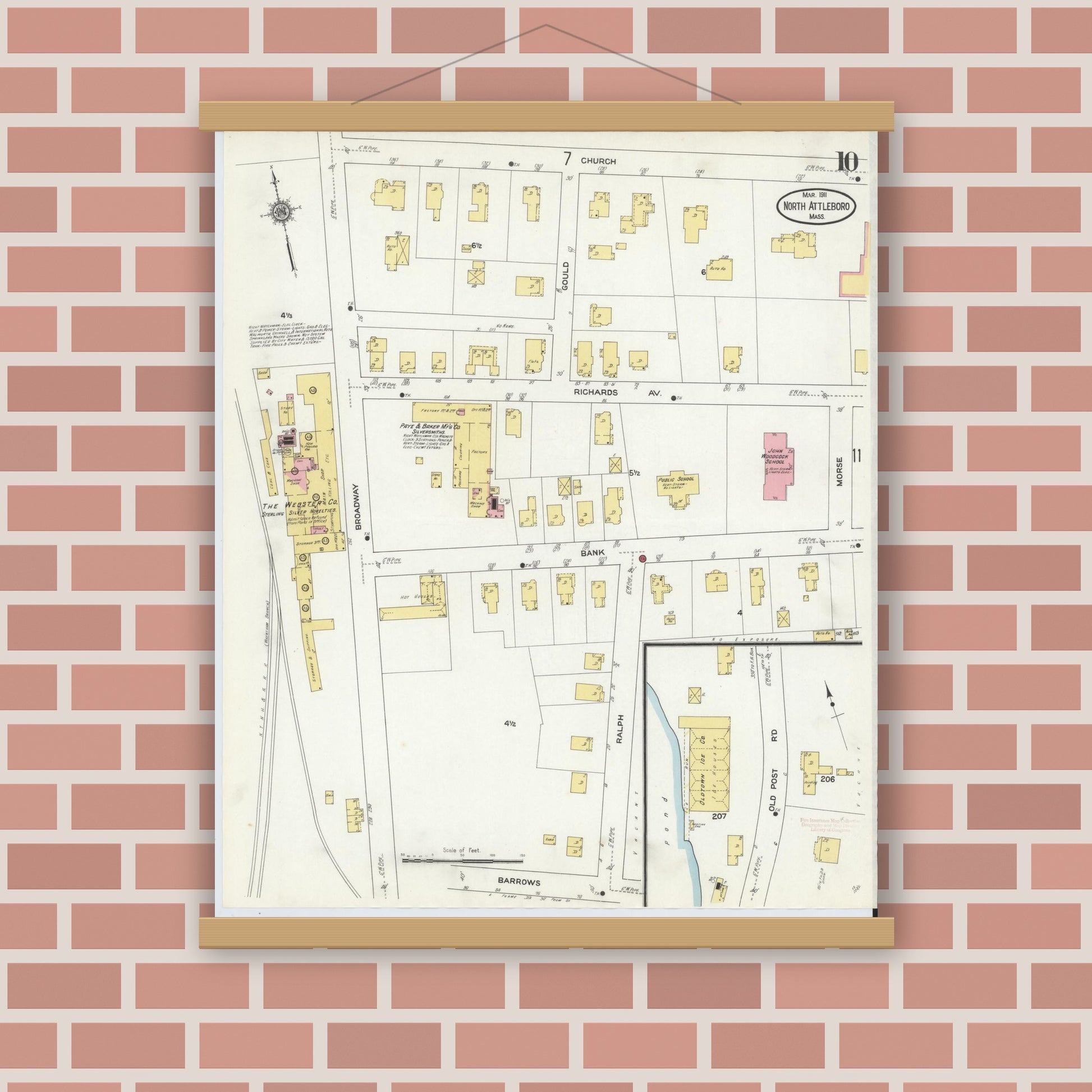 Old map wall art mockup — magnetic wood frame on brick wall — Sanborn Fire Insurance Map from North Attleborough, Bristol County, Massachusetts (1911), Sheet #0010