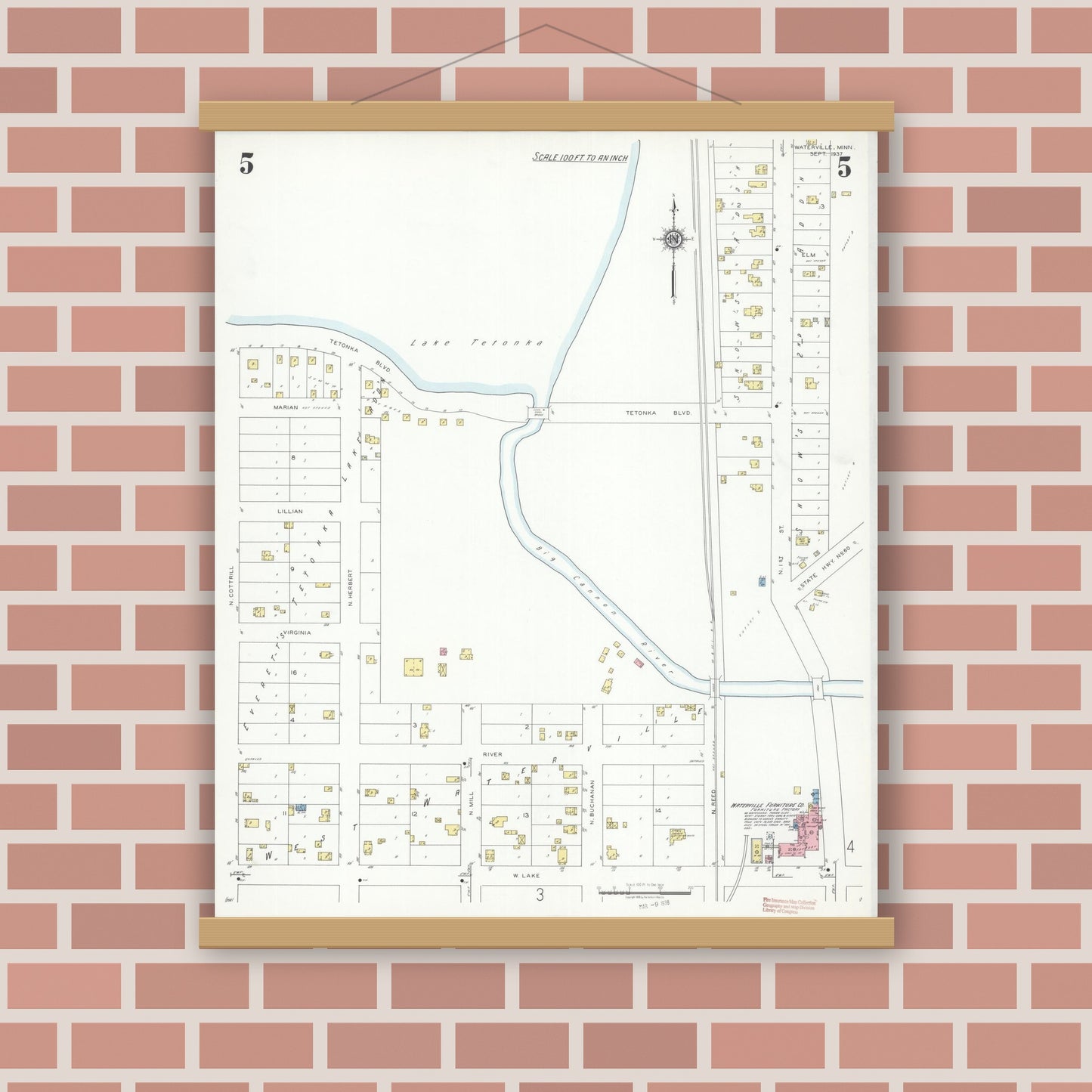 Old map wall art mockup — magnetic wood frame on brick wall — Sanborn Fire Insurance Map from Waterville, Le Sueur County, Minnesota (1937), Sheet #0005