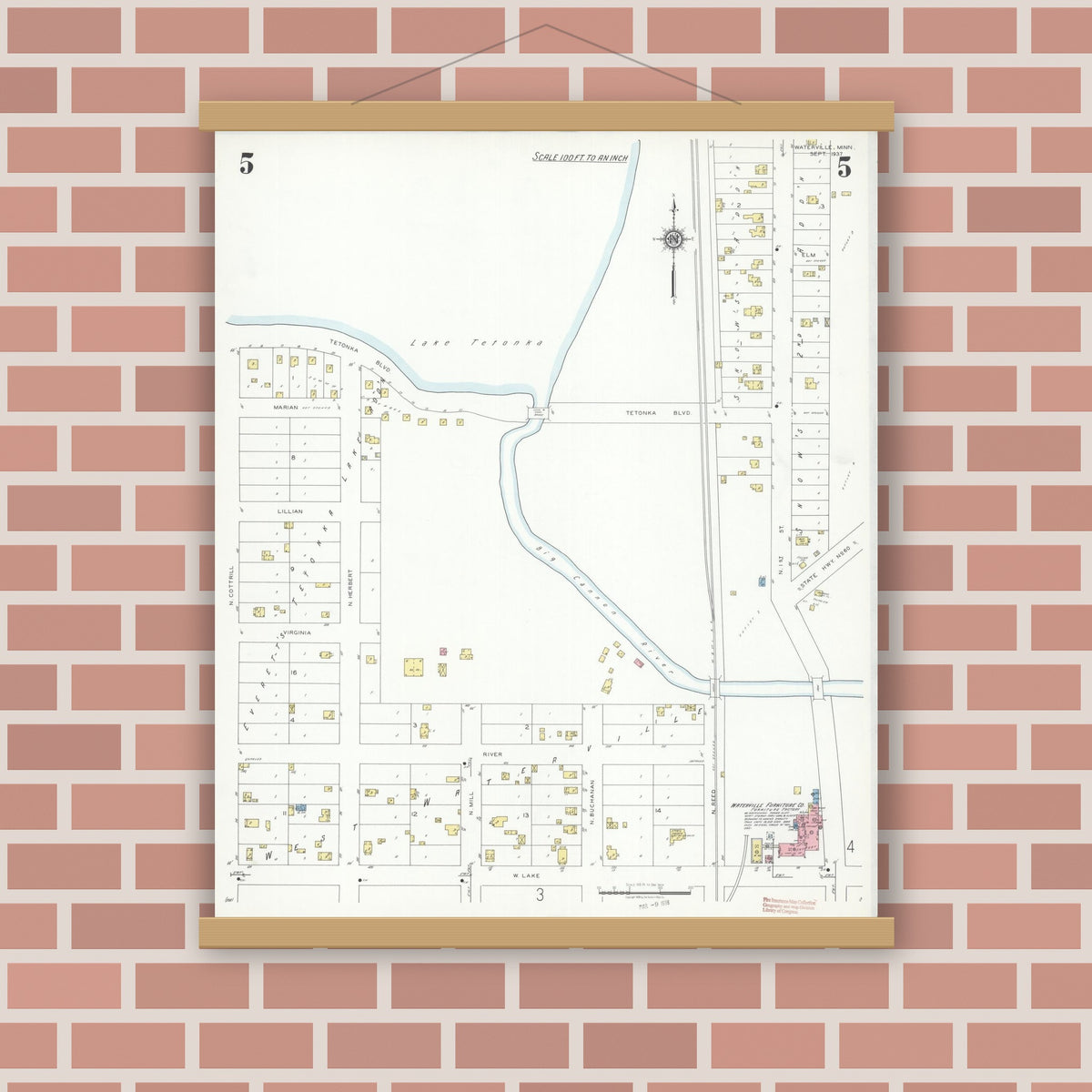 Old map wall art mockup — magnetic wood frame on brick wall — Sanborn Fire Insurance Map from Waterville, Le Sueur County, Minnesota (1937), Sheet #0005