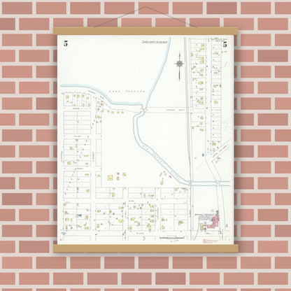 Old map wall art mockup — magnetic wood frame on brick wall — Sanborn Fire Insurance Map from Waterville, Le Sueur County, Minnesota (1937), Sheet #0005