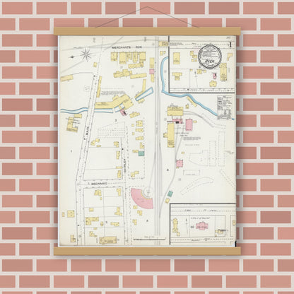 Old map wall art mockup — magnetic wood frame on brick wall — Sanborn Fire Insurance Map from Ayer, Middlesex County, Massachusetts (1892), Sheet #0001