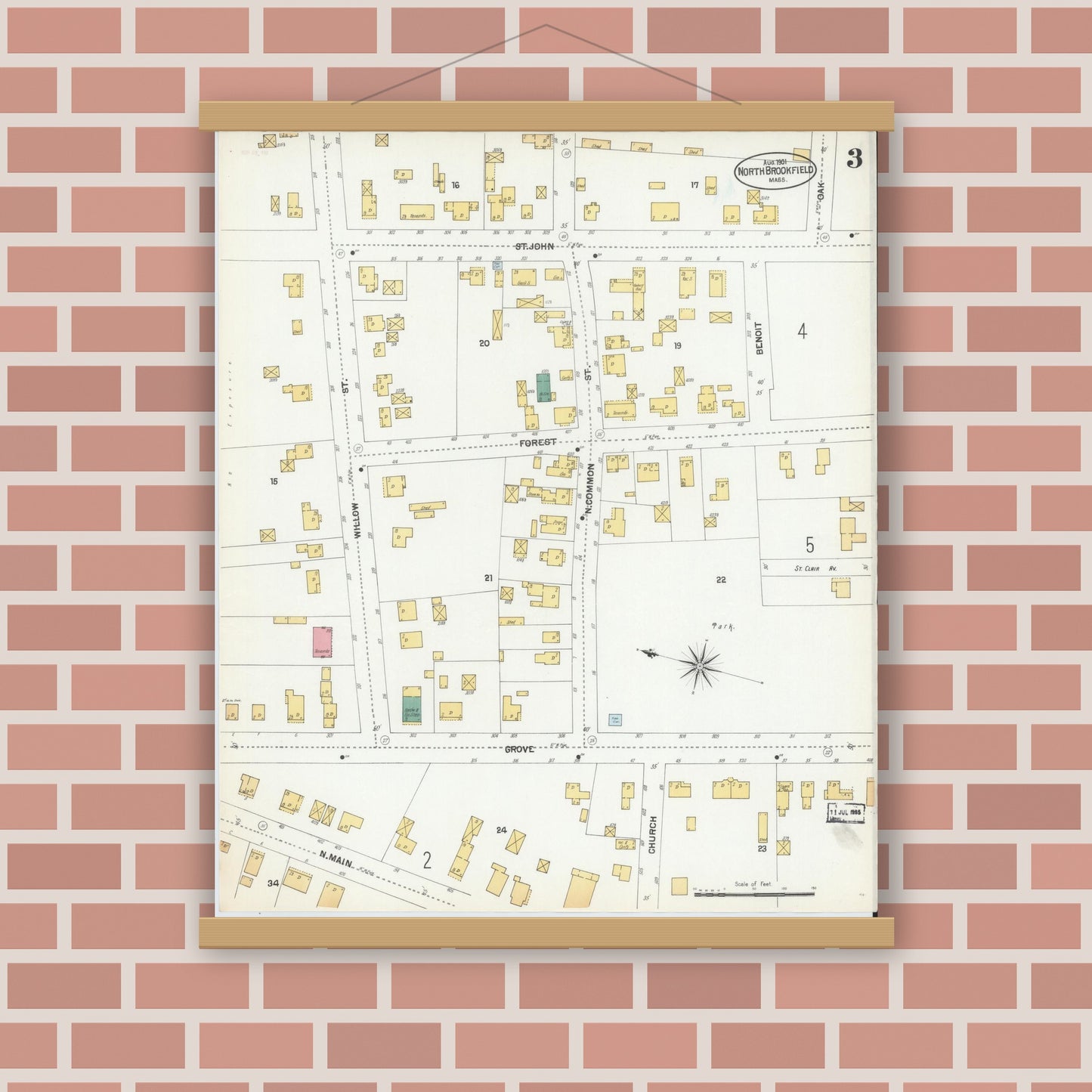 Old map wall art mockup — magnetic wood frame on brick wall — Sanborn Fire Insurance Map from North Brookfield, Worcester County, Massachusetts (1901), Sheet #0003