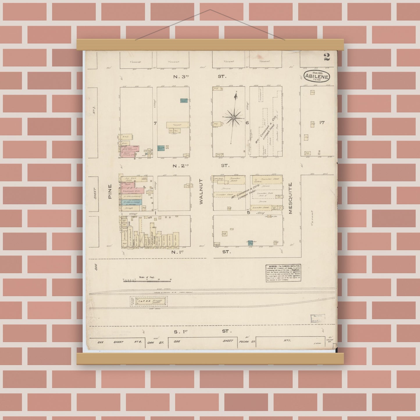 Old map wall art mockup — magnetic wood frame on brick wall — Sanborn Fire Insurance Map from Abilene, Taylor County, Texas (1885), Sheet #0002