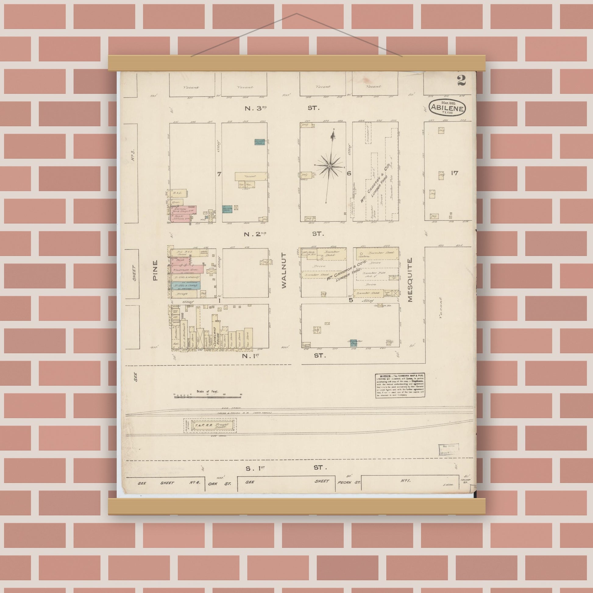 Old map wall art mockup — magnetic wood frame on brick wall — Sanborn Fire Insurance Map from Abilene, Taylor County, Texas (1885), Sheet #0002