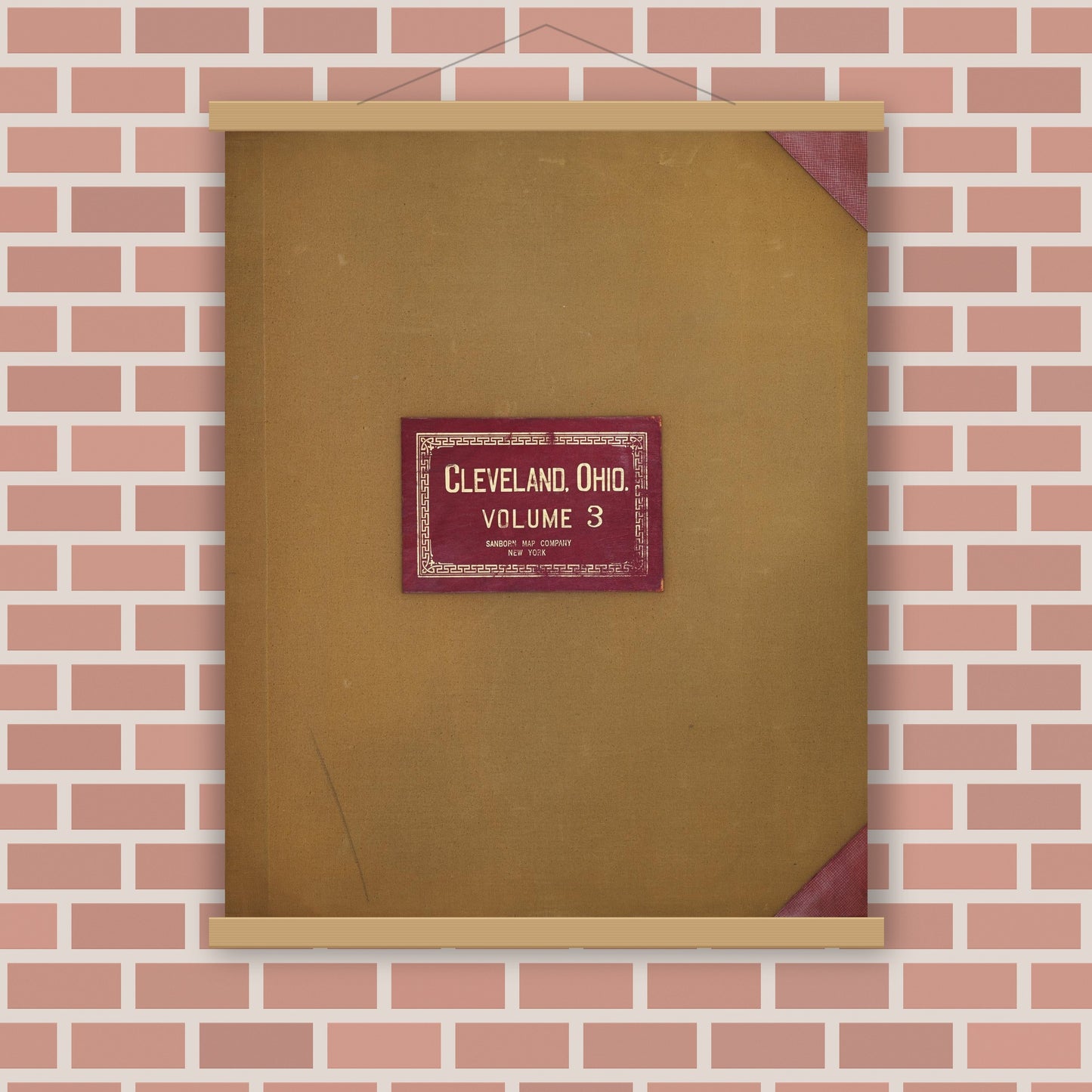 Old map wall art mockup — magnetic wood frame on brick wall — Sanborn Fire Insurance Map from Cleveland, Cuyahoga County, Ohio (1951), Sheet #0001