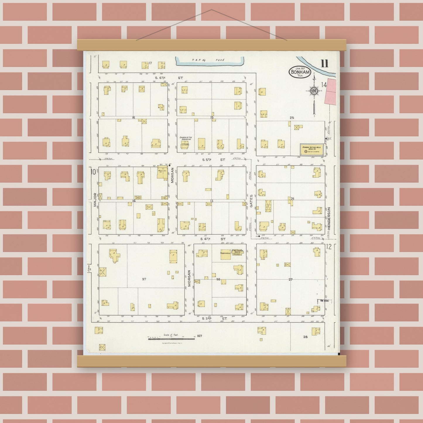 Old map wall art mockup — magnetic wood frame on brick wall — Sanborn Fire Insurance Map from Bonham, Fannin County, Texas (1917), Sheet #0011