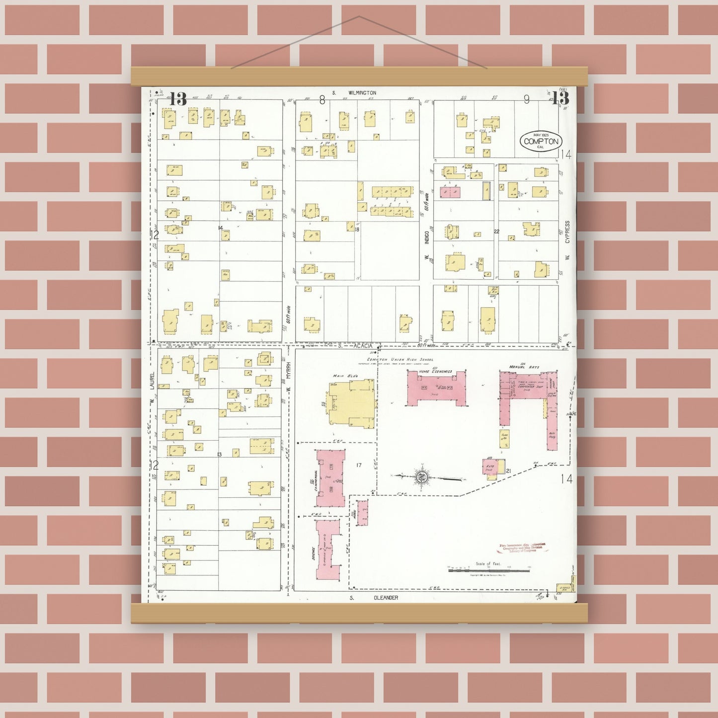 Old map wall art mockup — magnetic wood frame on brick wall — Sanborn Fire Insurance Map from Compton, Los Angeles County, California (1925), Sheet #0013