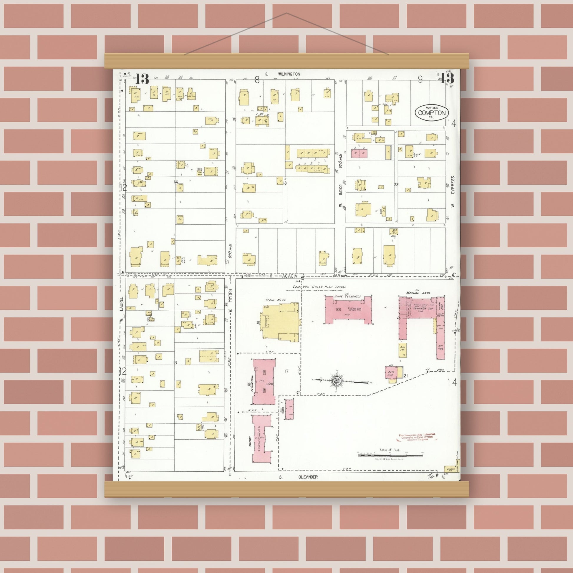 Old map wall art mockup — magnetic wood frame on brick wall — Sanborn Fire Insurance Map from Compton, Los Angeles County, California (1925), Sheet #0013
