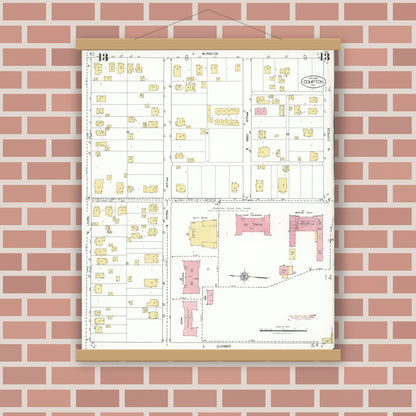 Old map wall art mockup — magnetic wood frame on brick wall — Sanborn Fire Insurance Map from Compton, Los Angeles County, California (1925), Sheet #0013