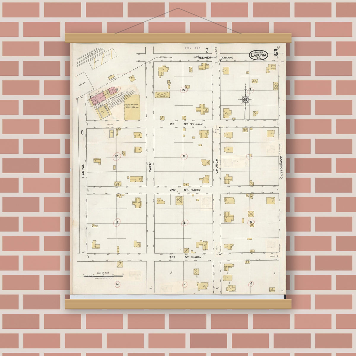 Old map wall art mockup — magnetic wood frame on brick wall — Sanborn Fire Insurance Map from Ladonia, Fannin County, Texas (1934), Sheet #0005