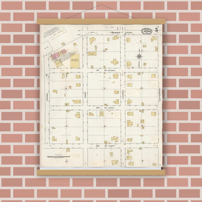 Old map wall art mockup — magnetic wood frame on brick wall — Sanborn Fire Insurance Map from Ladonia, Fannin County, Texas (1934), Sheet #0005