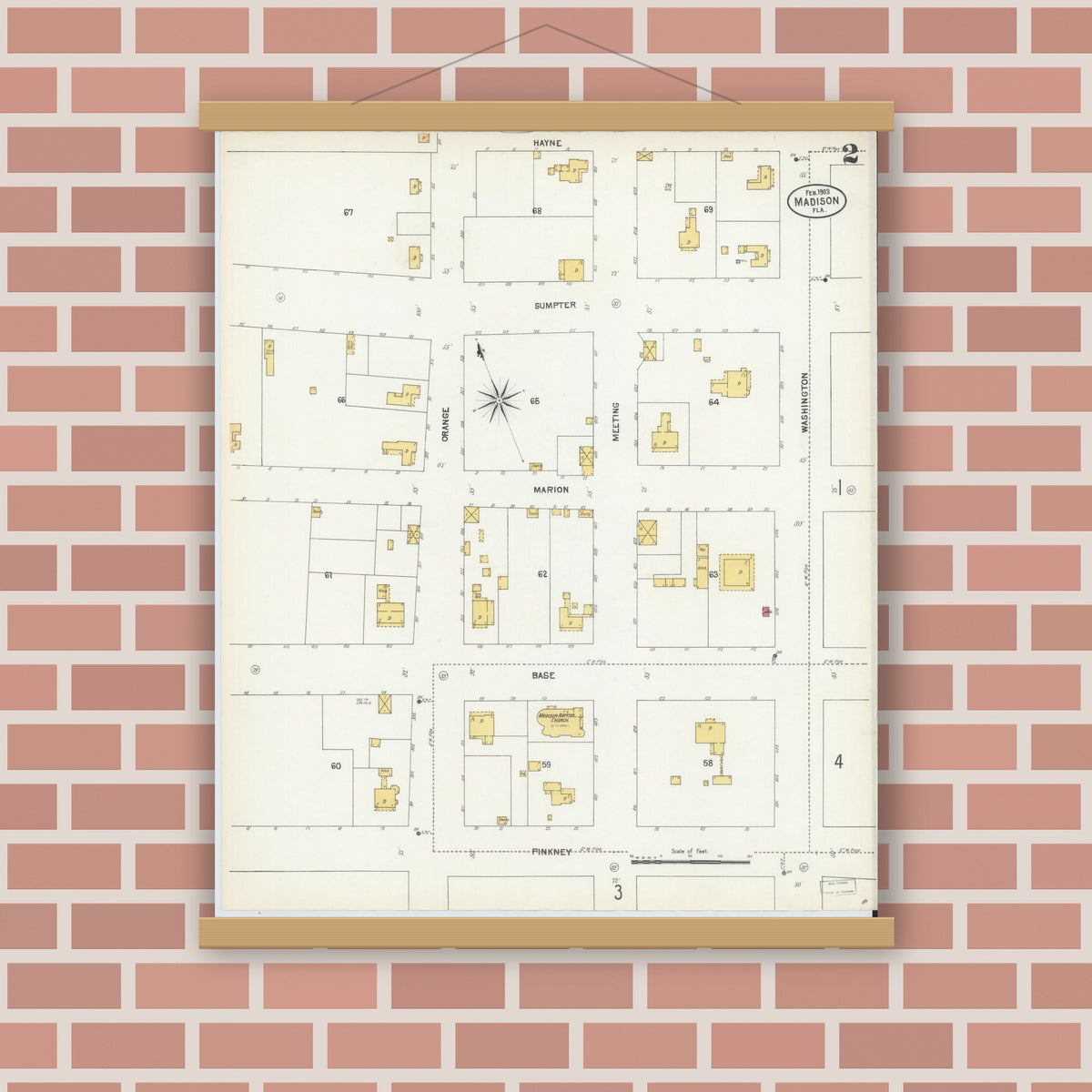 Old map wall art mockup — magnetic wood frame on brick wall — Sanborn Fire Insurance Map from Madison, Madison County, Florida (1903), Sheet #0002