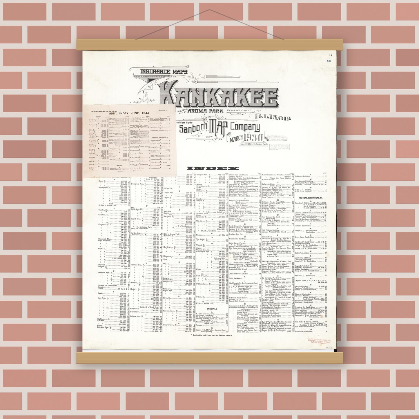 Old map wall art mockup — magnetic wood frame on brick wall — Sanborn Fire Insurance Map from Kankakee, Kankakee County, Illinois (1948), Sheet #0001