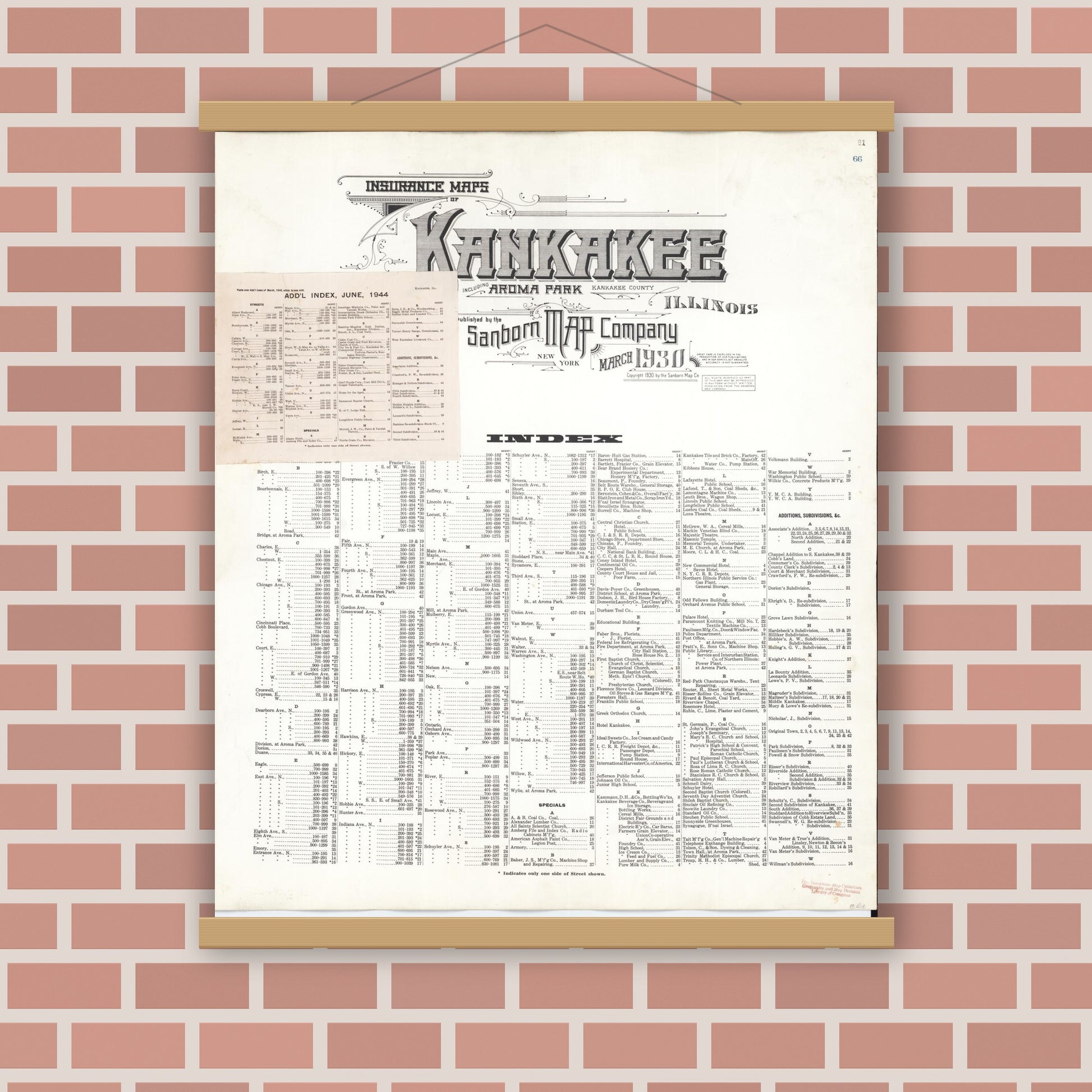 Old map wall art mockup — magnetic wood frame on brick wall — Sanborn Fire Insurance Map from Kankakee, Kankakee County, Illinois (1948), Sheet #0001